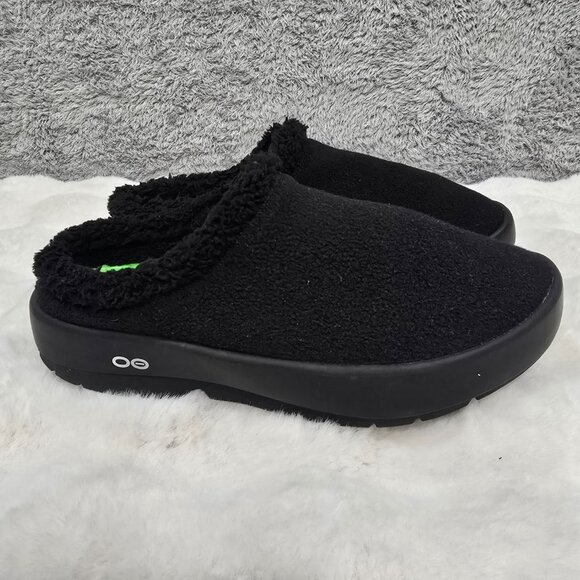 Oofos Oocoozie Men's Black Mule Slide Vegan Sherpa Fuzzy Sizwa New Recovery - Picture 6 of 11